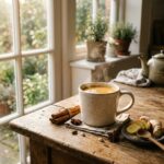 Sanjay Gupta chai tea recipe in a white mug with cinnamon sticks and fresh ginger