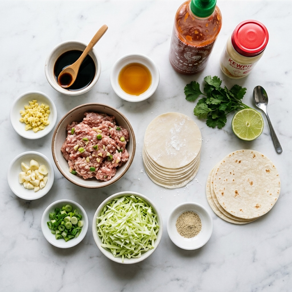  Smash dumpling taco ingredients including ground pork, dumpling wrappers, and sriracha mayo