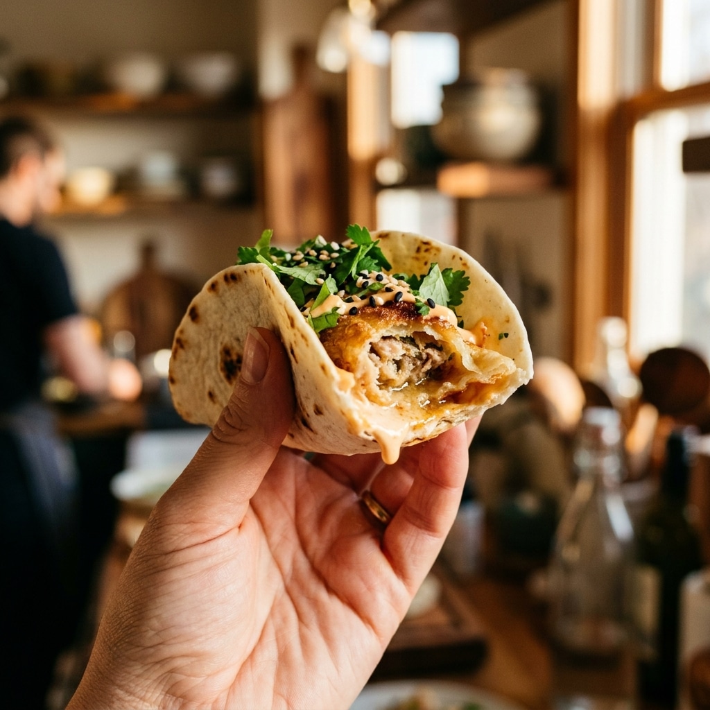 Hand holding a smash dumpling taco showing crispy pork filling and sriracha mayo