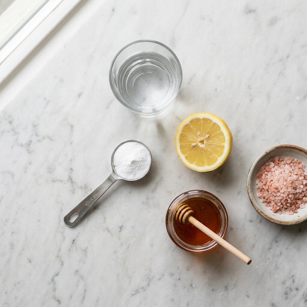 ingredients for baking soda water weight loss drink including lemon and honey