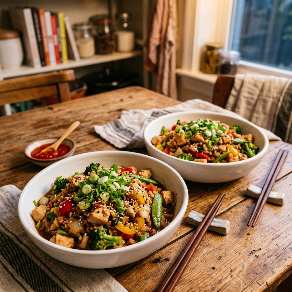 Cauliflower rice chicken stir fry served in bowls for healthy weight loss dinner