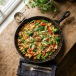 Cauliflower rice chicken stir fry for weight loss in a cast iron skillet