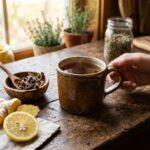 Dandelion tea recipe for weight loss in a ceramic mug with root and lemon