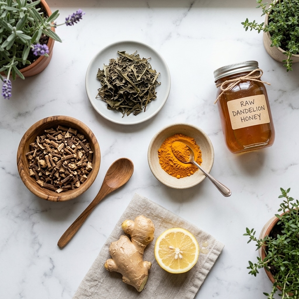 Dandelion tea weight loss ingredients including root, leaves, ginger, and turmeric