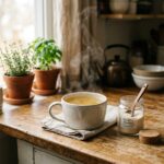 Horse gelatin trick recipe in a white mug with steam on a kitchen counter
