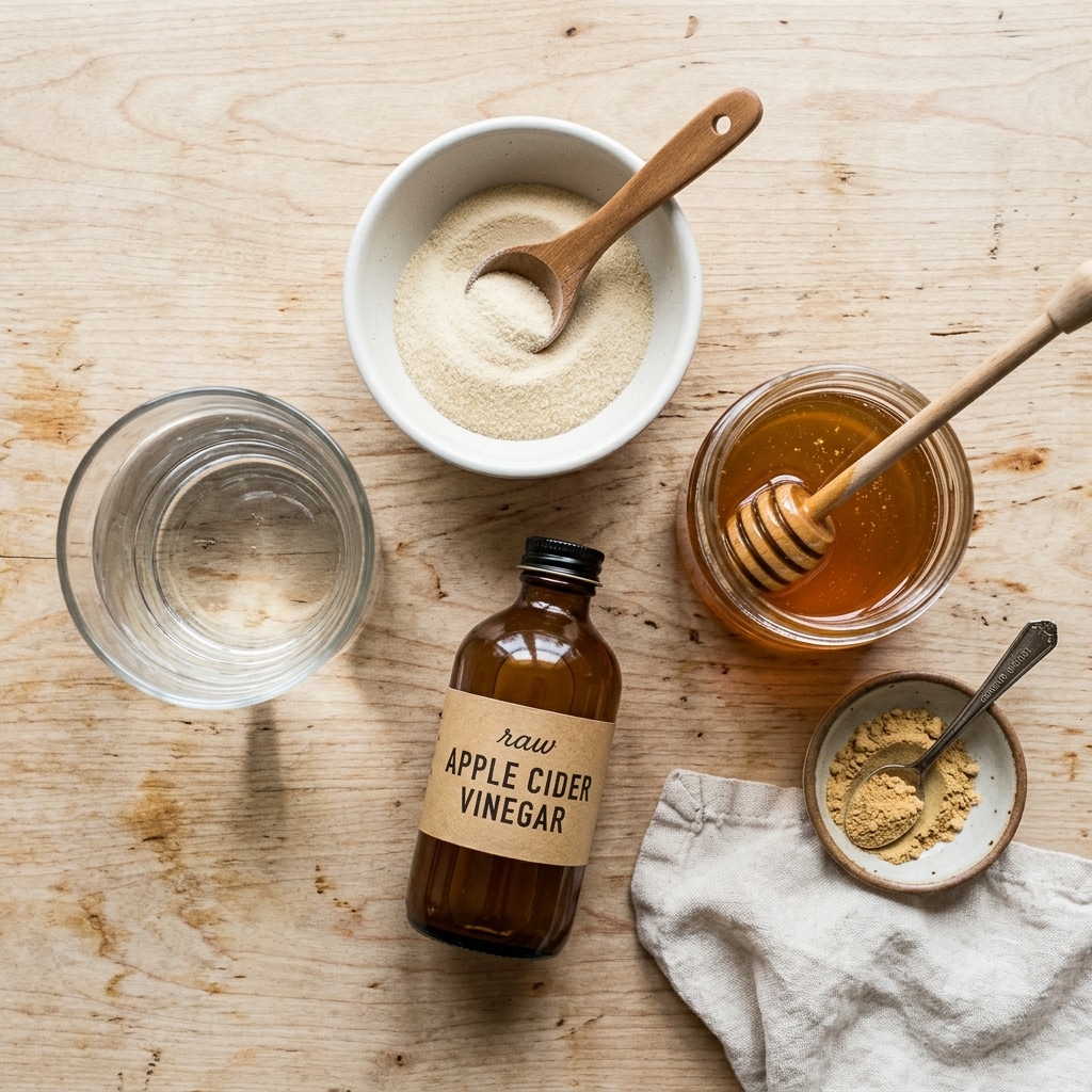 Ingredients for horse gelatin trick recipe including unflavored gelatin, apple cider vinegar, and honey