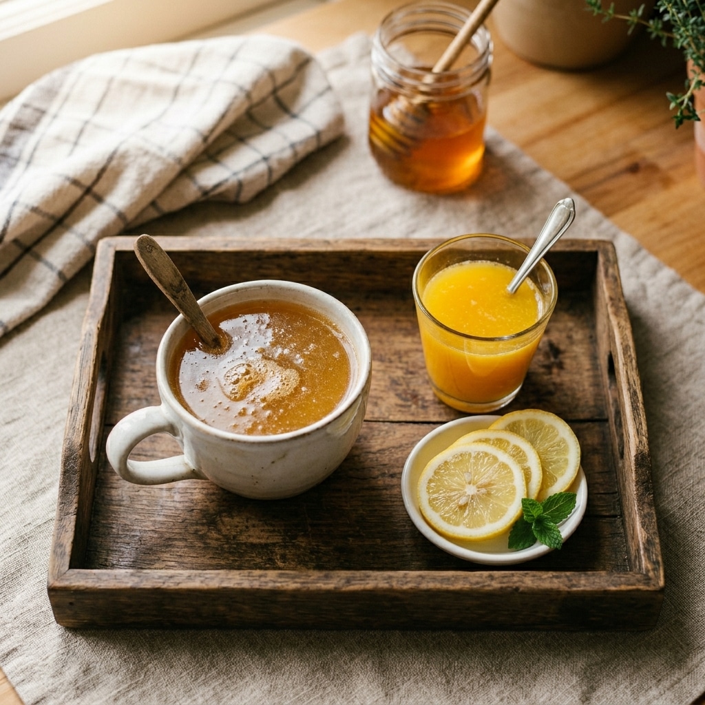 Serving horse gelatin trick recipe warm in a mug with orange juice on the side