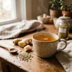 Ginger-fennel tummy tea in a ceramic mug with fresh ginger and fennel seeds