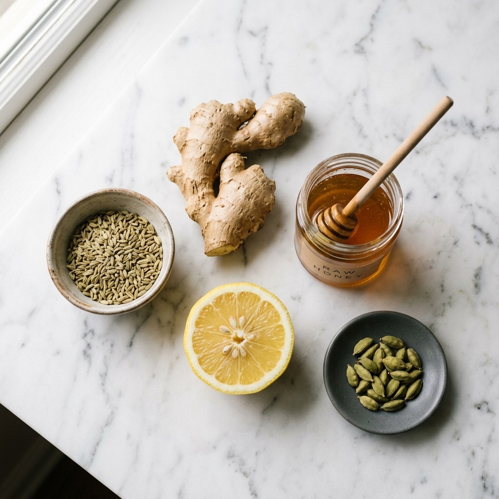 Ingredients for ginger-fennel tummy tea including fresh ginger, fennel seeds, and honey