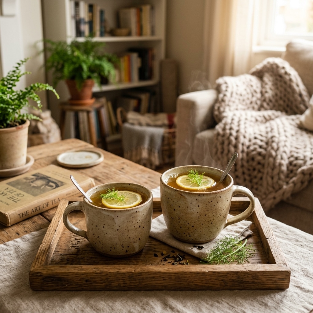 Two mugs of ginger-fennel tummy tea served with lemon on a wooden tray